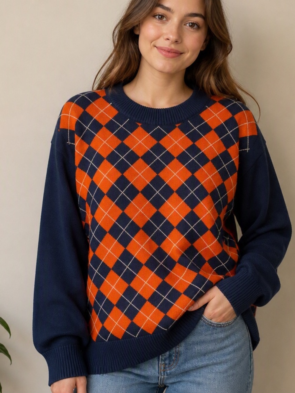 Emerson Street Navy & Orange Argyle Cotton Sweater – Size Medium